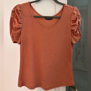 SHEIN Rust Ribbed Shimmer Puff-Sleeve Scoop Neck Top Size M